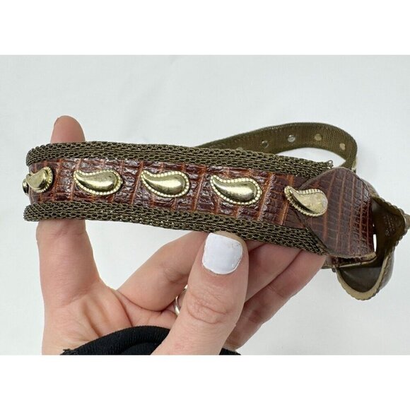 Neiman Marcus Metal Chain Gold Tone Mesh Brown Leather Belt Paisley Studded Sz 6 - Picture 6 of 12